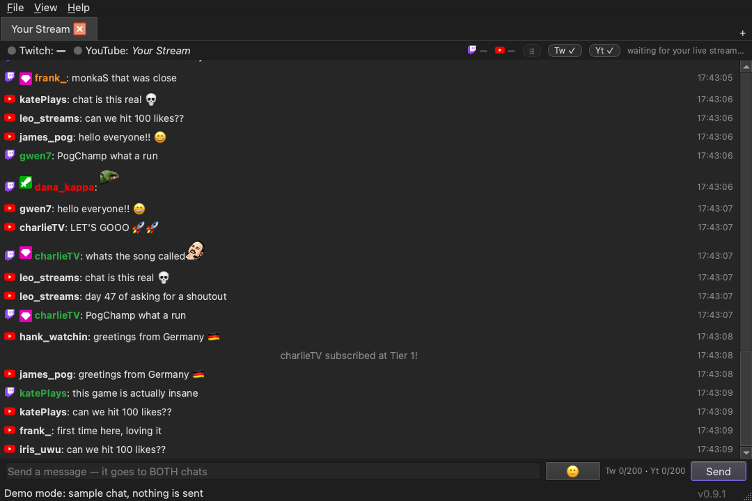 ChatterSyn showing a Twitch and YouTube chat in one feed, with emotes and badges